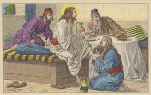 Maria Magdalena vid Jesu fötter (färg litho) av French School