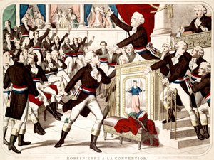 Maximilian Robespierre vid kongressen (Seance of 19 Thermidor 1794), Jean Lambert (Jean-Lambert) Tallian hotar Robespierre med en kniv - Populär gravyr från perioden av French School