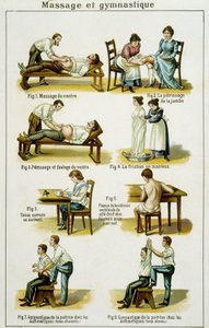 Medicinskiva som illustrerar massage och gymnastik (drag från Bilz, naturlig medicin) sent 1800-tal. av French School