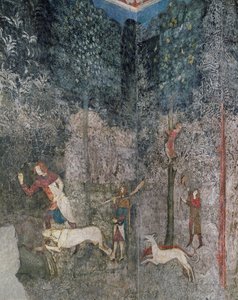 Män som jagar med hundar, detalj från La Chambre du Cerf (Stag Room) 1343 av French School