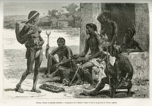 Män, kvinnor och redskap (Bihe-regionen, Rwanda). Gravyr av D.Maillart, för att illustrera berättelsen om hur jag korsade Afrika, från Atlanten till Indiska oceanen, av major Serpa Pinto, 1877-1878, publicerad i Tour du monde, under ledning av Ed av French School