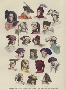 Hattar och huvudbonader för män, 1300- och 1400-talen av French School