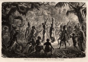 Meriah Pujah eller människooffer, Khondistan (Engelska Indien). Teckning av Fuchs, för att illustrera major John Campbells studie av människooffer i Engelska Indien av French School