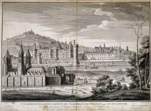 Meridional utsikt över klostret Saint Germain des Pres och Louvren 1410 - gravyr av French School