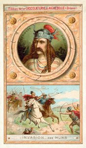 Merovech, kung av de saliska frankerna, och invasionen av hunnerna, 451 (chromolitho) av French School