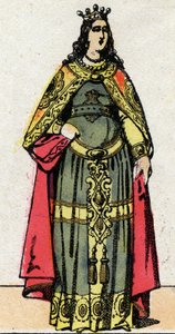 Merovingerdynastin: Porträtt av drottning Clothildes hustru till Dagobert III (699-715). Epinal avbildning från slutet av 1800-talet. Privat samling. av French School