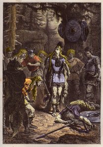 Merovingiens: Clovis 1er sköt ner soldaten som hade krossat Soissons vas, sv 486 - Clovis (465-511) och den frankiske krigaren som bröt Soissons vas 486 - gravyr från "" L