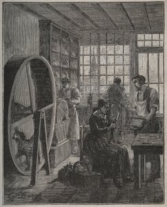 Metier och hantverkare: en bestickaffär i provinsen på 1800-talet. Gravyr från 1885 i "" Les arts et metiers illustres"" av Adolphe BITARD. av French School