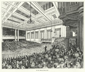 Möte av Anti-Corn Law League i Exeter Hall, London av French School