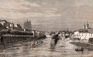 Metz - utsikt över hamnen Saint-Georges - Mosel - gravyr i "La France illustrée: geografi, historia, statistisk administration" av V.A. Malt-Brown. 1884 av French School