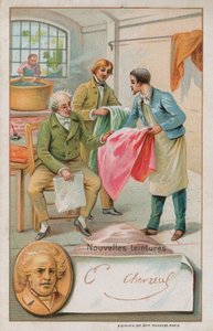 Michel Eugene Chevreul, fransk kemist (1786-1889), inspekterar några nya färgämnen av French School