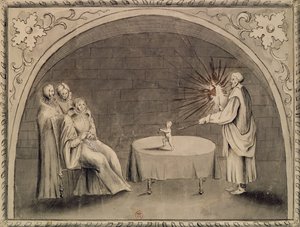 Michel de Nostradame (1503-66) och Catherine de Medici (1519-89) 1559 (penna & bläck och tvätt på papper) av French School