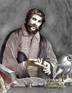 Michel de Nostredame, aka Nostradamus (1503-1566) fransk astrolog och läkare, gravyr, färgat dokument av French School