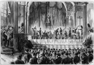 Militär rekrytering: lottning för värnpliktiga 1858, i Saint Jean-rummet på Hotel de Ville i Paris. Gravyr i "" Le Monde Illustré"" nr 44 av 13 februari 1858. av French School