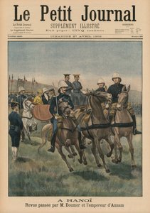 Militär granskning av Paul Doumer, generalguvernör i Franska Indokina och kejsare av Annam, Thanh Thai, i Hanoi, framsidans illustration från Le Petit Journal, Supplement Illustre, 27 april 1902 (