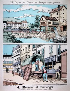 Miller och Baker, illustration från en grundskolebok, ca 1900 (lito i färg) av French School