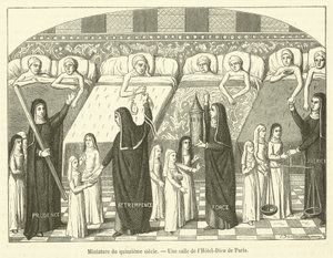 Miniatur des fünfzehnten Jahrhunderts, Ein Saal des Hôtel-Dieu in Paris (Gravur)