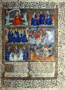 Miniatyr som representerar himmelriket före skapelsen: Sapientia, treenigheten och utdrivningen av Lucifer från himlen, ca 1410 av French School
