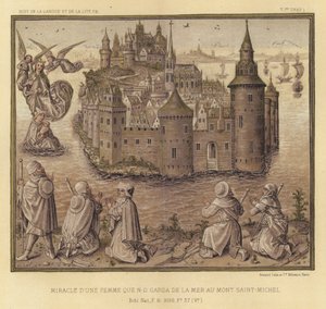 Mirakel av en kvinna som N-D Garda från havet till Mont Saint-Michel (färg litho) av French School