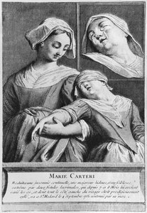 Mirakulöst helande av en blind kvinna, Marie Carteri, på diakon Francois de Pariss grav på församlingskyrkogården Saint-Medard i Paris av French School