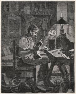 Modern applicering av en skomakare av Pila Vitrea. Glasklot fylld med vatten som ska placeras mellan en person och föremålet de funderar på för att förstora det och göra det mer synligt. Gravyr från 1885 i "" Les arts et metiers illustres"" av A av French School