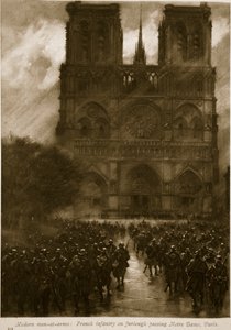 Moderna krigsmän: Franskt infanteri på ledighet genom att passera Notre Dame, Paris, 1914-19 av French School