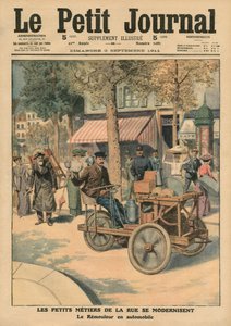 Modernisering av gatujobben, knivslipen i hans bil, illustration från 