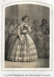Mondanite: den unga franska kvinnan gör sitt intåg i världen. Hon är beundrad av alla. Anonym gravyr från 1800-talet av French School
