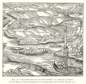 Monument uppfört av parisiska sjömän, vid sammanflödet av Seine och Marne; efter en gravyr av Thevets Universal Cosmography; 1575 (gravyr) av French School