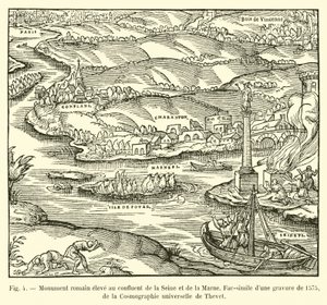 Romerskt monument uppfört vid sammanflödet av Seine och Marne, faksimil av en gravyr från 1575, från Cosmographie universelle av Thevet av French School