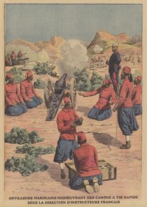 Marockanska artillerister som avfyrar snabbeldande kanoner under ledning av franska militärinstruktörer (färg litho) av French School