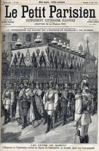 Moskva-firande: Kejsar Nikolaus II av Ryssland (1868 -1918) och imponen Alexandra Fiodorovna Romanova (1872-1918) lämnar Assumption Church i Kreml efter deras kröning den 14 maj av French School