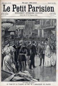 Moskva-firande: Tsar Nikolaj II av Ryssland (1868 -1918) och tsarina Alexandra Fiodorovna Romanova (1872-1918) vid Franska ambassadens bal, i "Le petit Parisien"" av French School