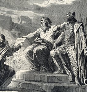 Moses beordrar Israels folk att erkänna Josuas auktoritet (Moses väljer Josua som sin efterträdare) Gravyr från "Holy History" av Lahure 1800-tal Privat samling av French School