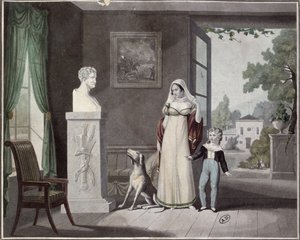 Mor och son gråter före bysten av en död soldat, tidigt 1800-tal av French School