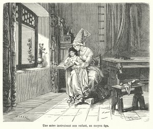 Mamma lärde sitt barn under medeltiden (gravyr) av French School