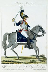 Beriden officer av Cuirassiers av det kungliga gardet, från Troupes Francaises, pub. hos Basset, Paris, ca 1790 av French School