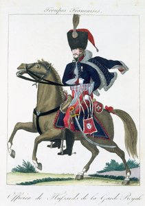 Beriden officer av Hussars of the Royal Guard, från Troupes Francaises, pub. hos Basset, Paris, ca 1790 av French School