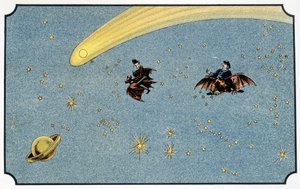 Herr Baboulifiche och hans tjänare Papavoine rider på en fladdermus i rymden - i "" Voyage dans la lune"" av A. de Ville-d