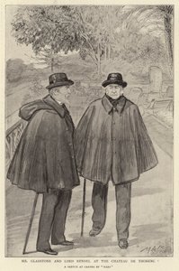 Mr Gladstone och Lord Rendel på Chateau de Thorenc (litho) av French School