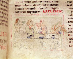 Ms.1215 t.3 fol.158v, Måltid med Judith och Holofernes, från Etienne Hardings bibel, 1109