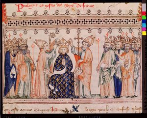 Ms.1469 f.1 Invigningen av Filip III den djärve (1245-85) kung av Frankrike, från Grandes Chroniques de France, 1375-79 av French School