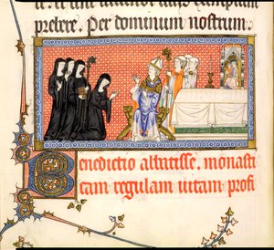 Ms.298 f82v Presentationen av en abbedissa, från Metz Pontifical, skriven för Raymond Bar, biskop av Metz, 1302-16 av French School