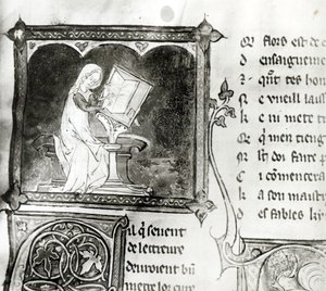 Ms.3142 fol.256 Marie de France (fl. 1100-talet) skrift, från en antologi med franska dikter, c.1280-90 (detalj) av French School