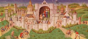 Ms. 0242 f.48v Utsikt över en stad med arbetare som banar vägar som leder upp till stadsportarna med kullersten medan kungen står i en kammare och dikterar för två skriftlärda av French School