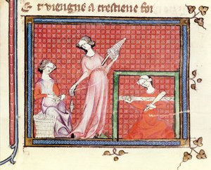 Ms 1044 fol.101 Skriftens starka kvinna snurrar med sina tjänare, från Ovide Moralise skriven av Chretien Legouais av French School