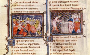 Ms 1044 fol.20 Jupiter kontra Saturnus: Saturnus lär lombarderna hur man använder en skära, från Ovide Moralise skriven av Chretien Legouais av French School