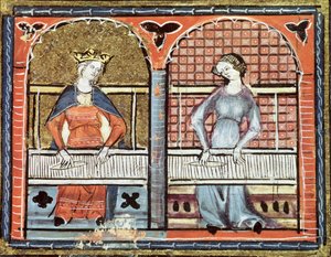 Ms 1044 fol.89v Women Weaving, från Ovide Moralise skriven av Chretien Legouais av French School