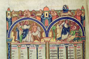 Ms 10 f.128v Evangelisternas kanon, detalj som skildrar Kristus som botar mannen med vattusot och driver ut demoner från en besatt man, från en latinsk bibel av French School