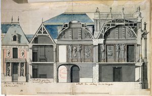 Ms 130736 Tvärsnitt av en flygel av Chateau de Versailles konstruerad av Louis Le Vau ((1612-70) (wc på papper) av French School